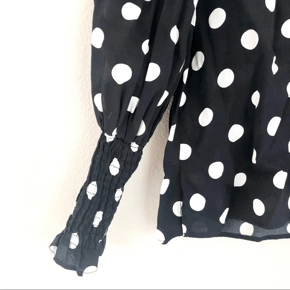 ZARA Smocked Puff Sleeve Polka Dot Mock Neck Blouse in Black